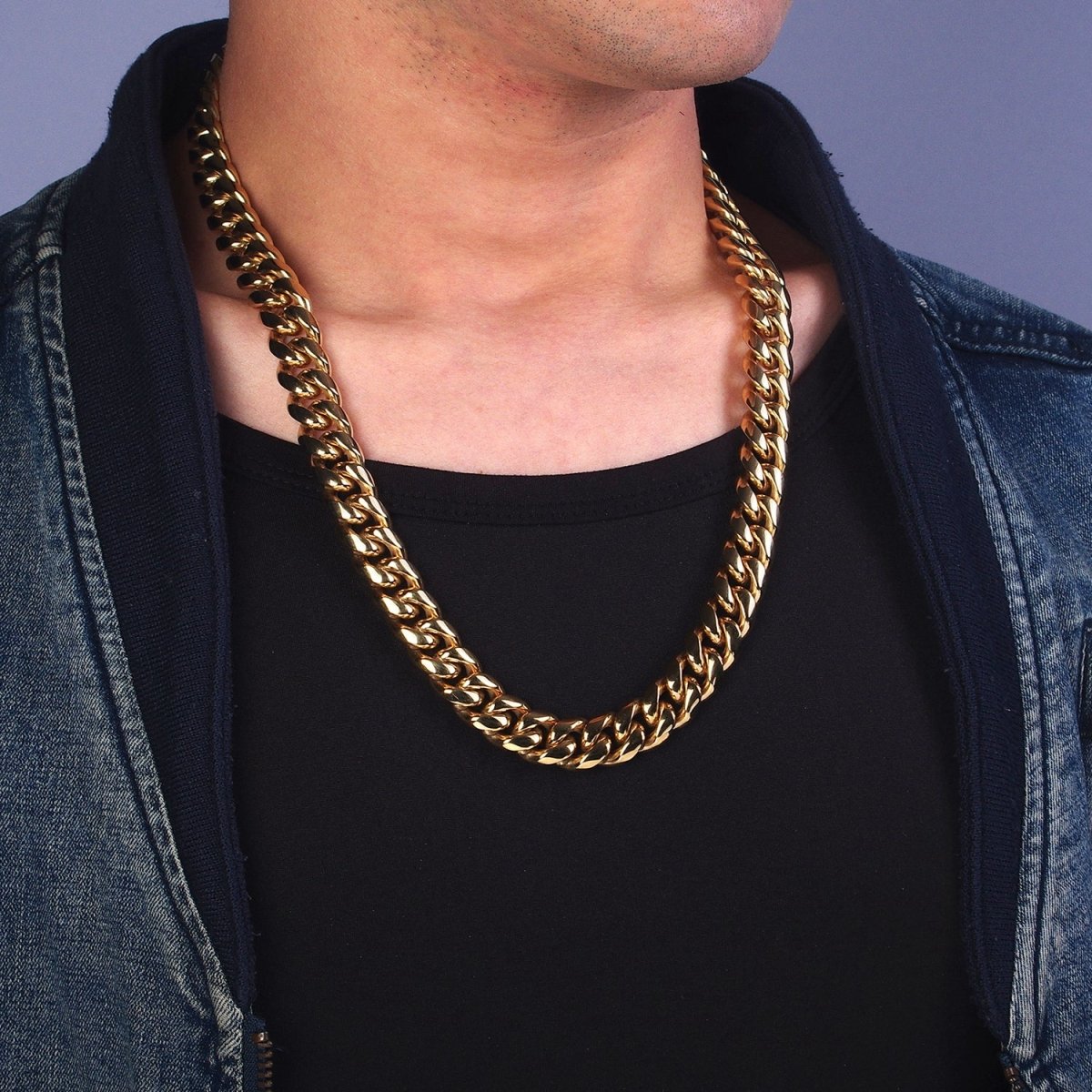 Gold Curb Chain Cuban Necklace for Men - Heavy Stainless Steel 10 12 14 mm Thickness 24.5 inch long WA-1726 WA-1727 WA-1728 Clearance Pricing