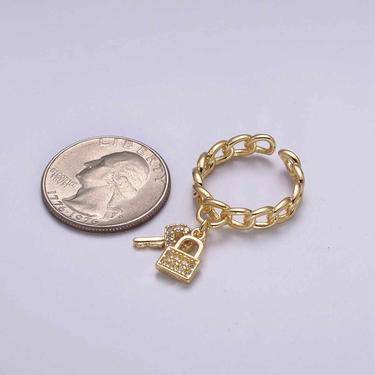 Gold Curb Link Chain Key Padlock Charm Rings For Women CZ Stacking Micro Pave Open Ring Adjustable U-210