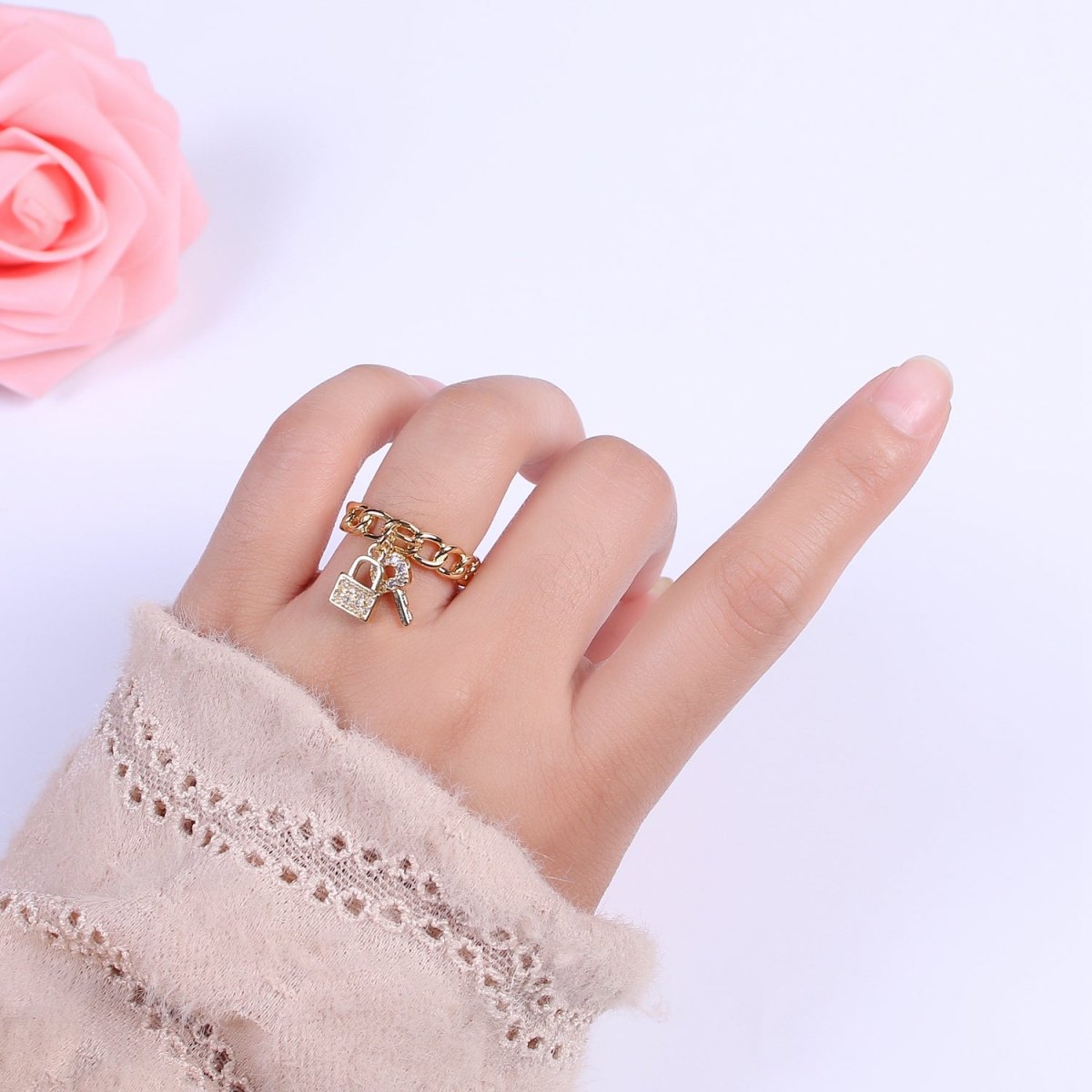 Gold Curb Link Chain Key Padlock Charm Rings For Women CZ Stacking Micro Pave Open Ring Adjustable U-210