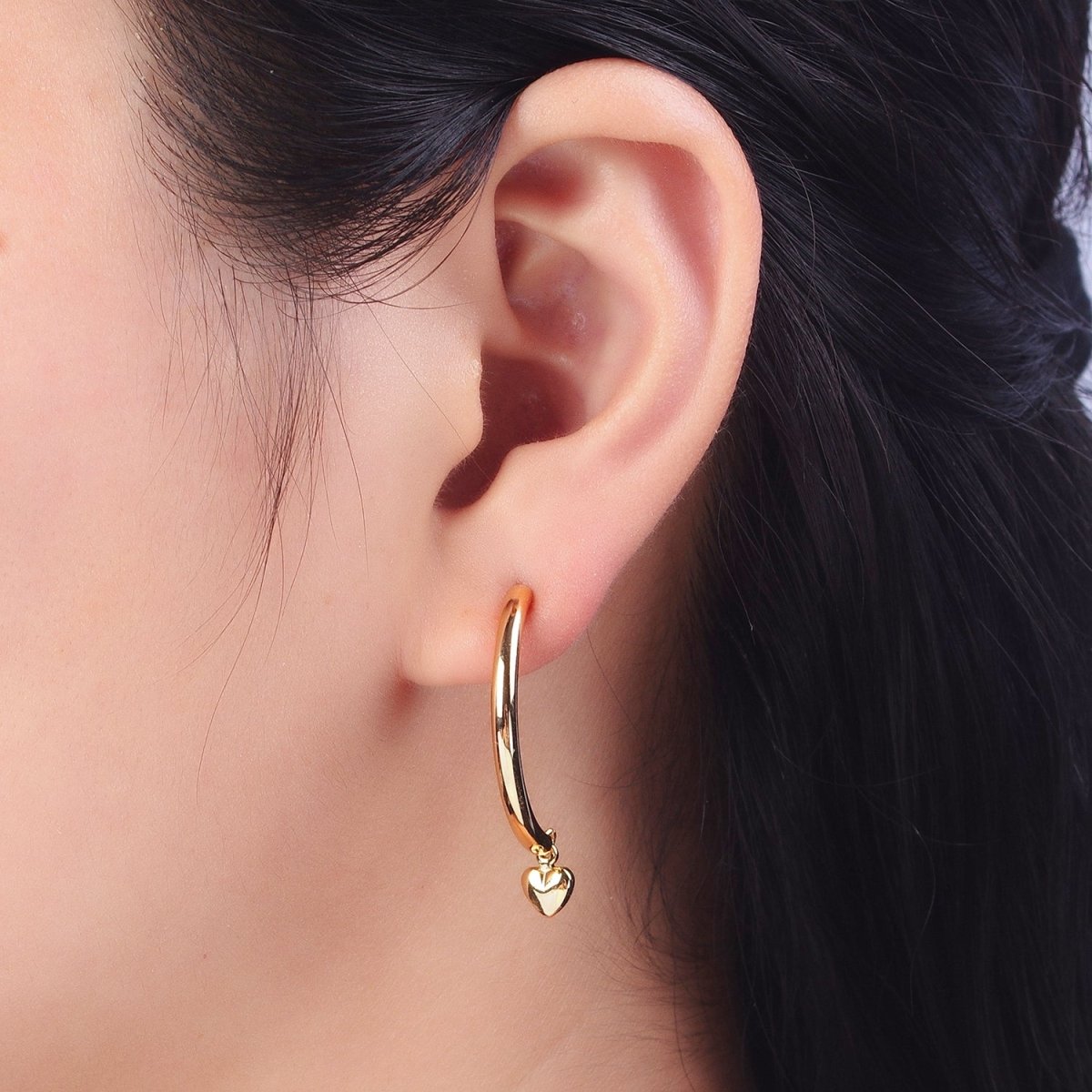 Gold Curved Half Hoop Love Heart Charm Dangle Drop Geometric Earrings | AB020 - DLUXCA