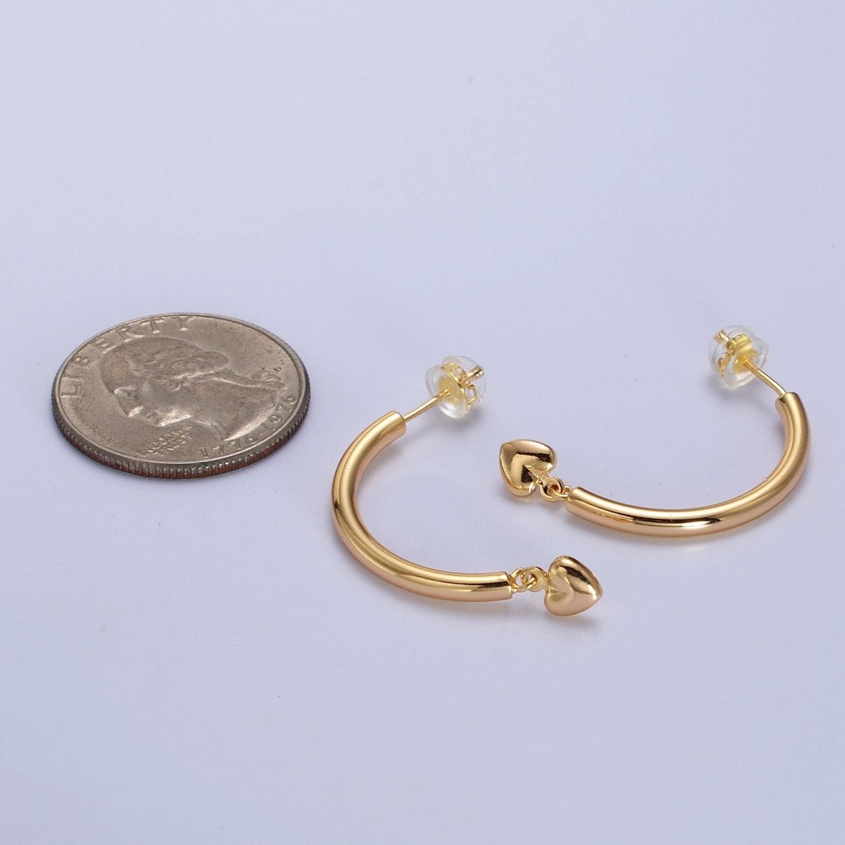 Gold Curved Half Hoop Love Heart Charm Dangle Drop Geometric Earrings | AB020 - DLUXCA