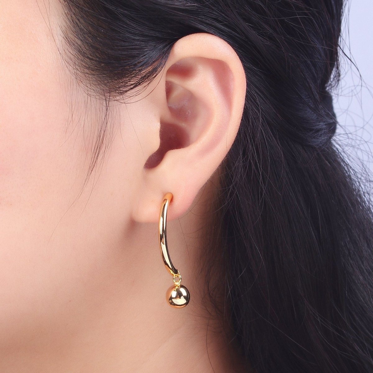 Gold Curved Half Hoop Round Ball Charm Dangle Drop Geometric Earrings | AB018 - DLUXCA