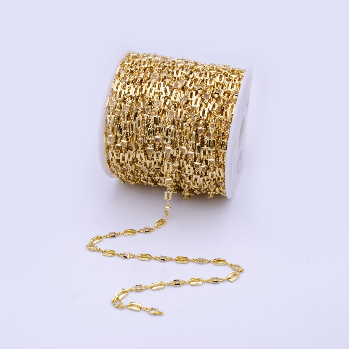 Gold CZ Clear Square Rectangle Design Chain in 24k Gold Filled Chain by the Yard for Geometric Jewelry Making Supply | ROLL-793 Clearance Pricing - DLUXCA