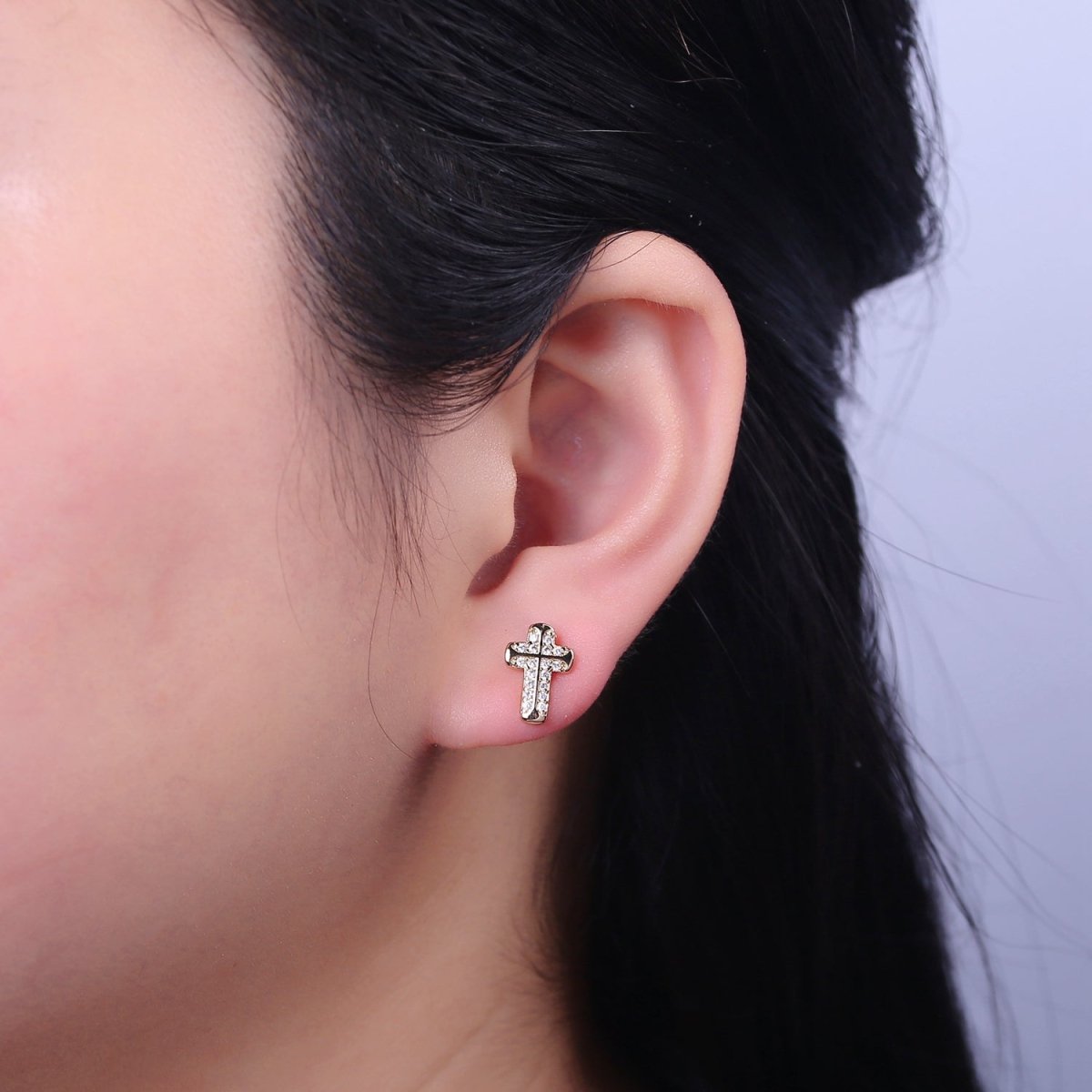 Gold CZ Cross Stud Earring V-097 - DLUXCA