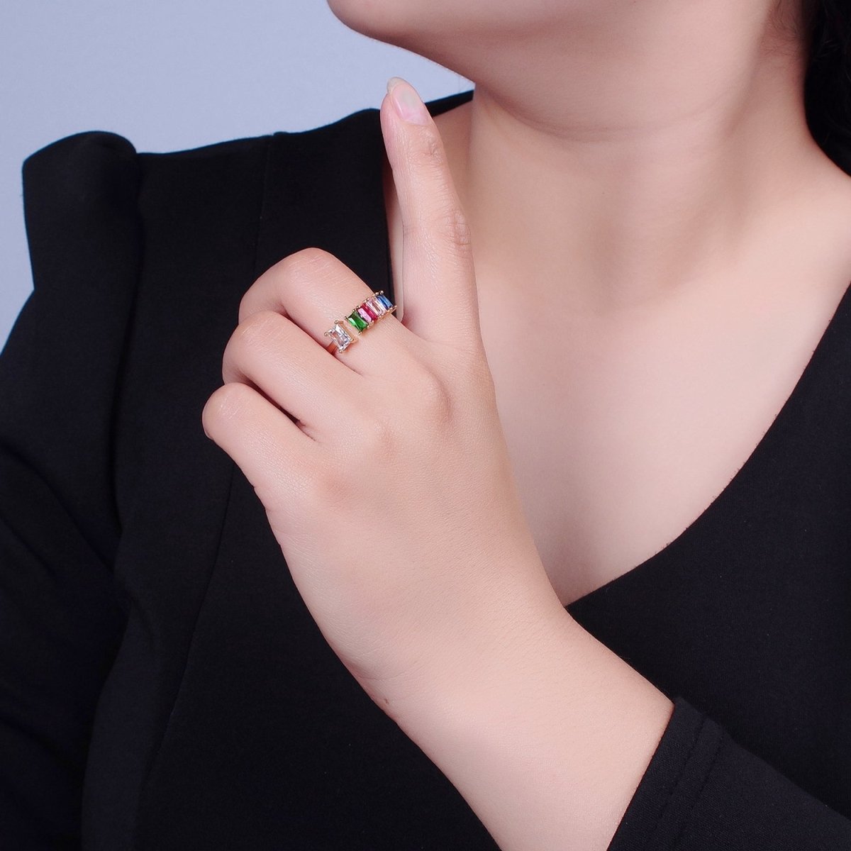 Gold CZ Pave Square Signet Midi Ring Diamond Clear Green Rainbow CZ Open Adjustable O-2248 O-2249 O-2250