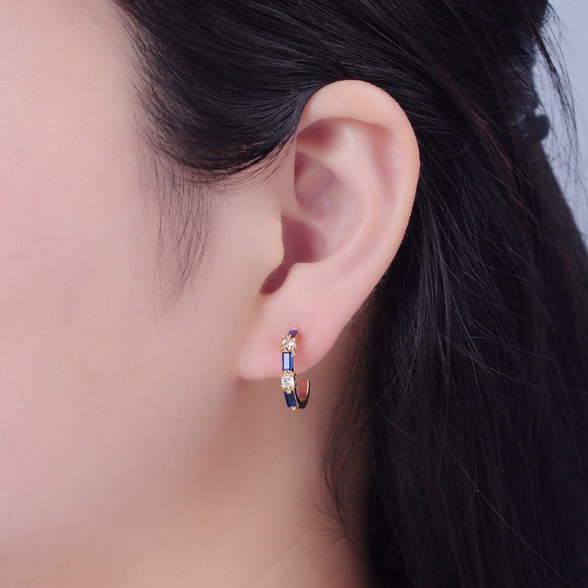 Gold Dainty Blue Cz Baguette Hoop T-382 - DLUXCA
