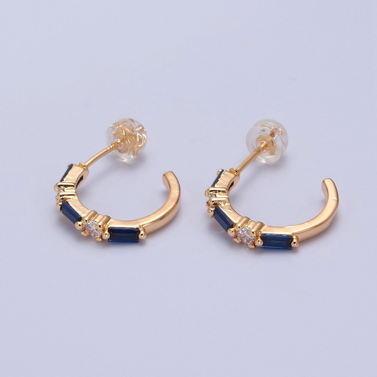 Gold Dainty Blue Cz Baguette Hoop T-382 - DLUXCA
