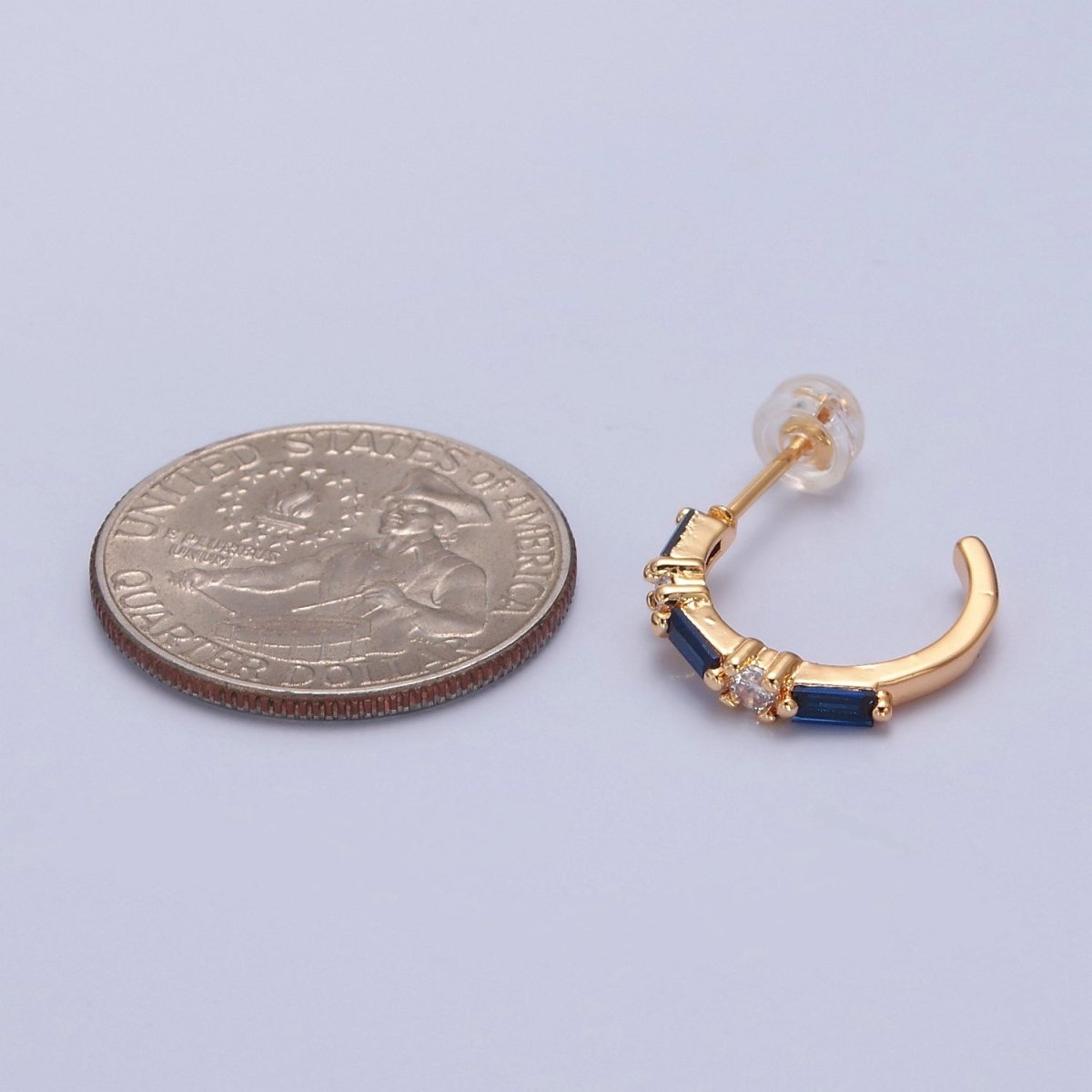 Gold Dainty Blue Cz Baguette Hoop T-382 - DLUXCA