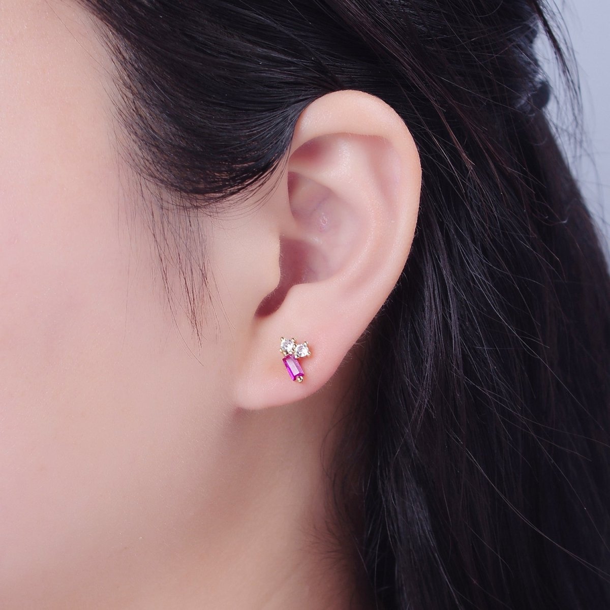Gold Dainty Pink Baguette Stud Earrings, Minimalistic Baguette Earrings T-380