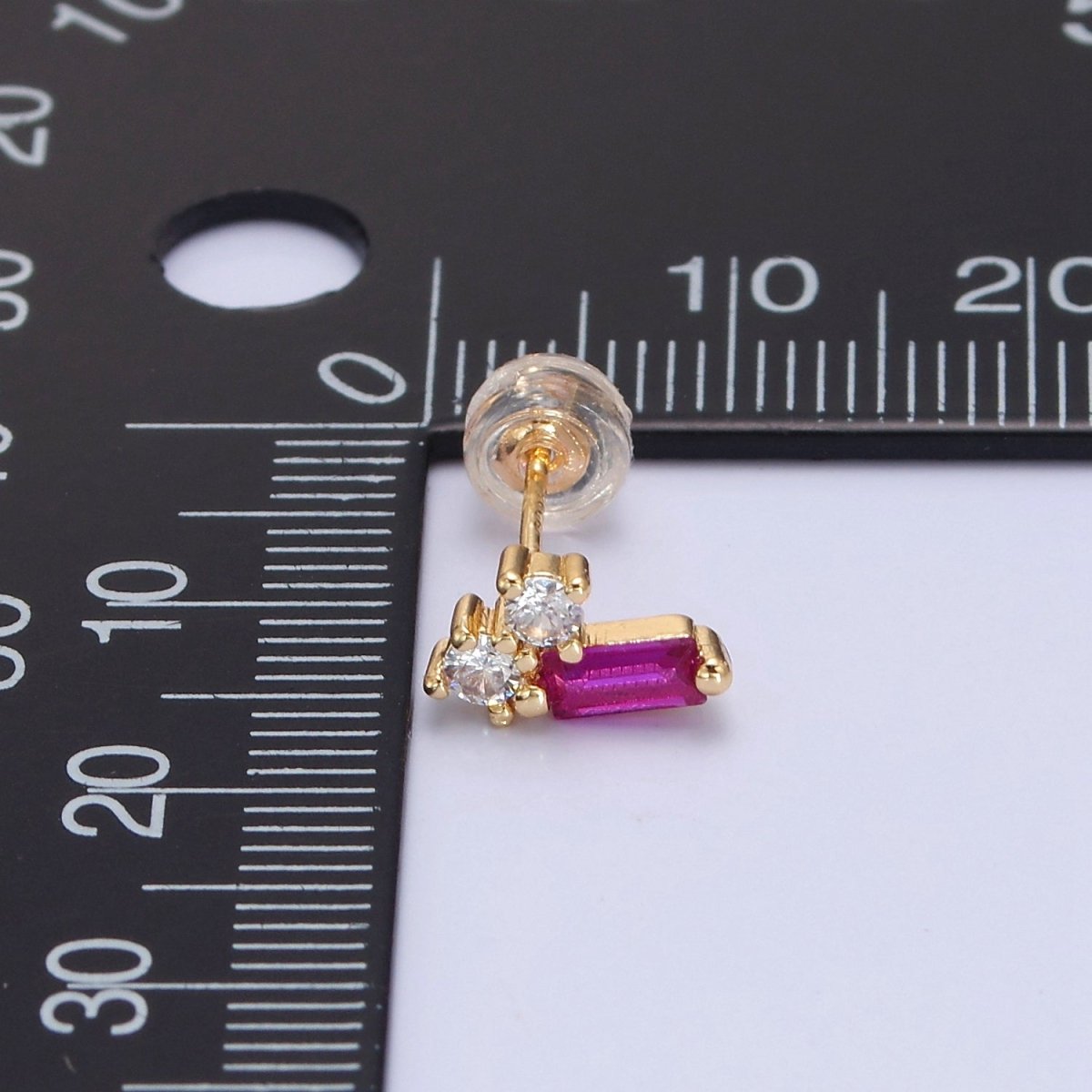 Gold Dainty Pink Baguette Stud Earrings, Minimalistic Baguette Earrings T-380