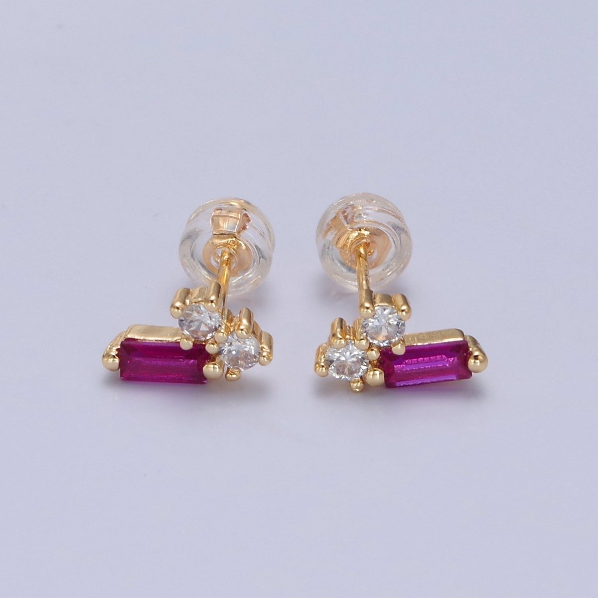 Gold Dainty Pink Baguette Stud Earrings, Minimalistic Baguette Earrings T-380