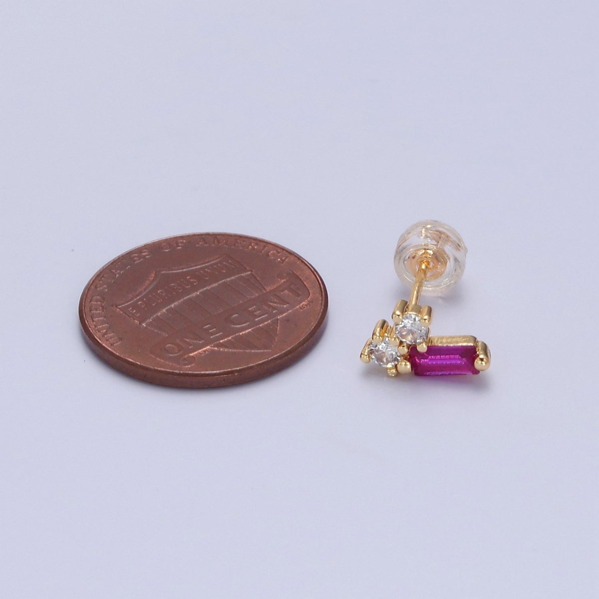 Gold Dainty Pink Baguette Stud Earrings, Minimalistic Baguette Earrings T-380