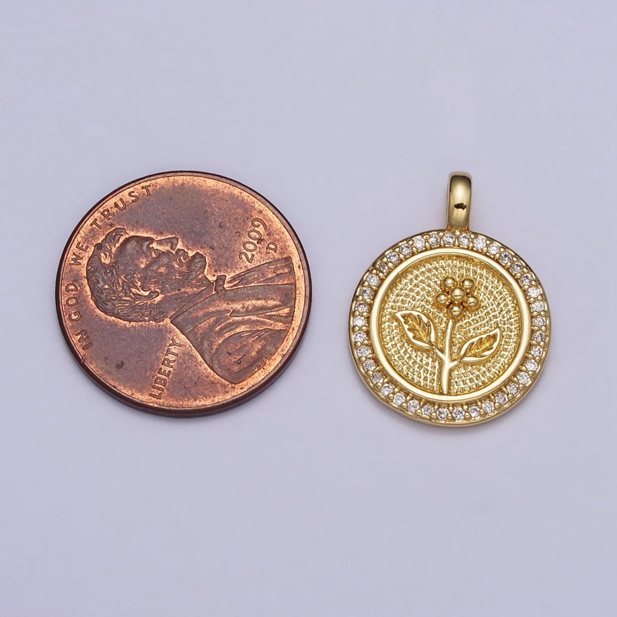 Gold Daisy Flower Textured Clear Micro Paved CZ Round Pendant | AA026 - DLUXCA