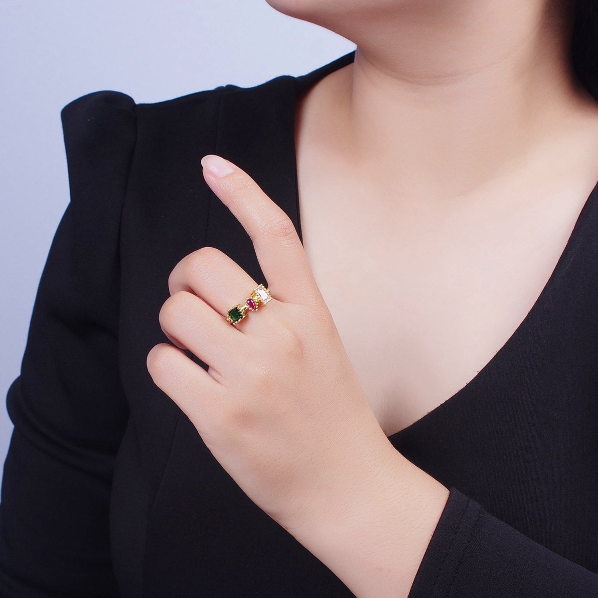 Gold Dotted Pink, Fuchsia, Green Baguette Teardrop Cubic Zirconia Adjustable Ring S-245