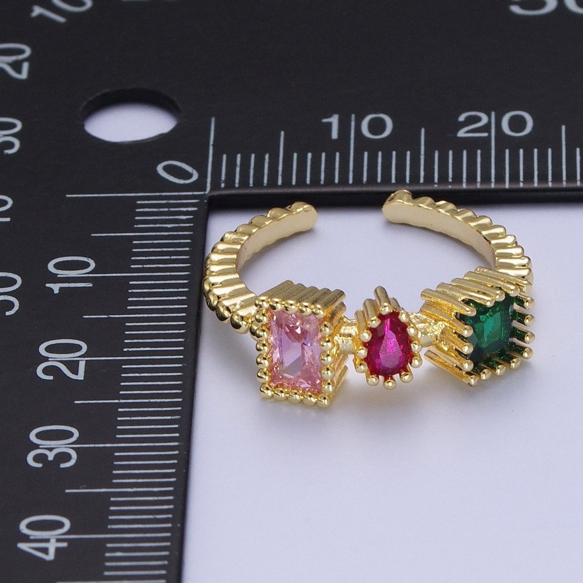 Gold Dotted Pink, Fuchsia, Green Baguette Teardrop Cubic Zirconia Adjustable Ring S-245