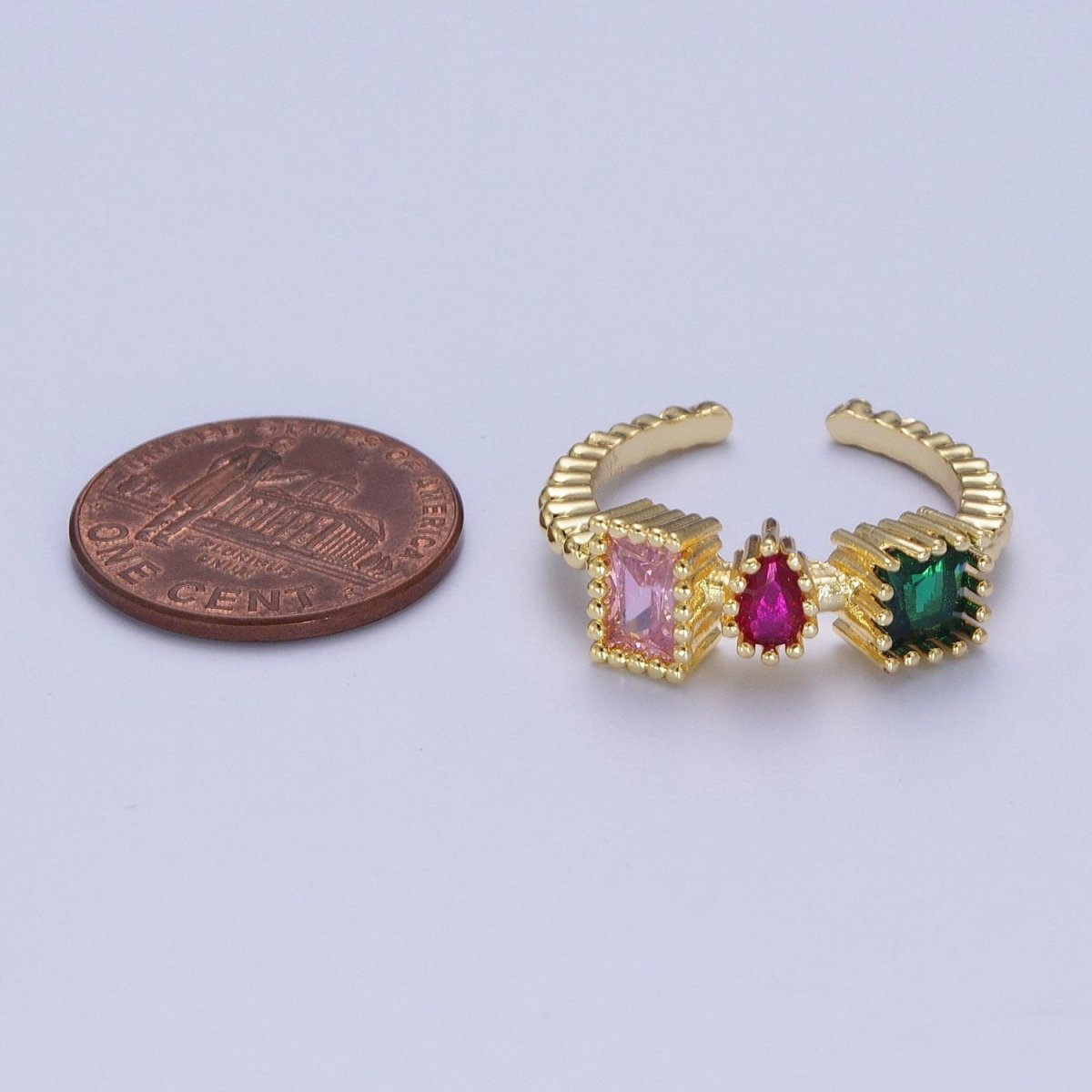 Gold Dotted Pink, Fuchsia, Green Baguette Teardrop Cubic Zirconia Adjustable Ring S-245