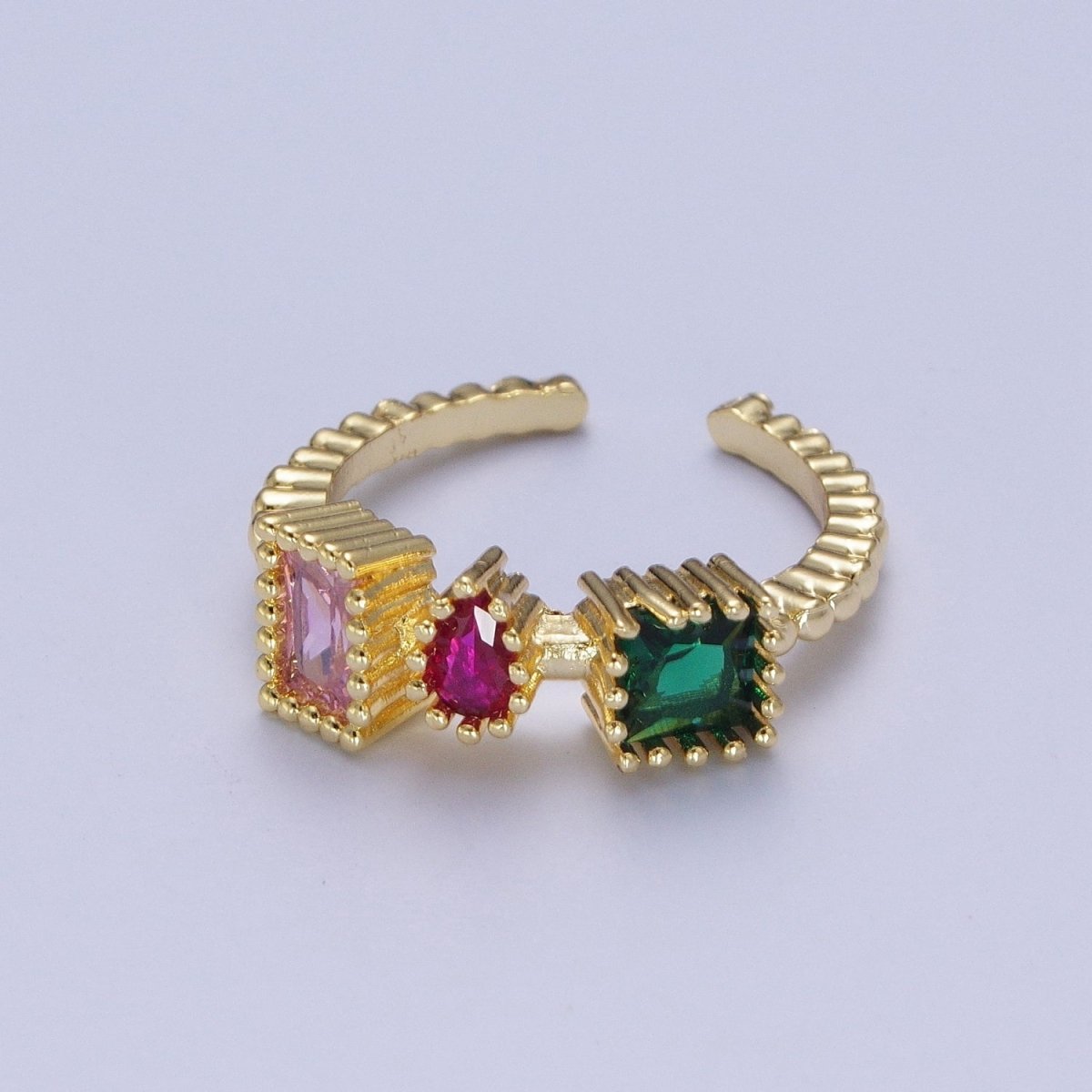 Gold Dotted Pink, Fuchsia, Green Baguette Teardrop Cubic Zirconia Adjustable Ring S-245