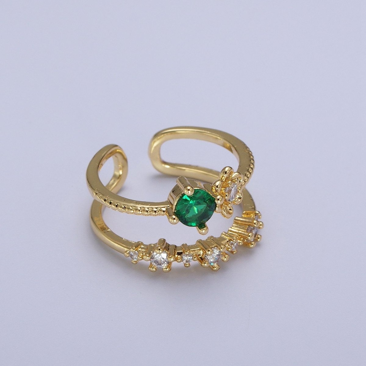 Gold Double Band Clear, Dark Blue, Pink, Green, Red, Light Blue Cubic Zirconia Beaded Ring | O-090~O-097