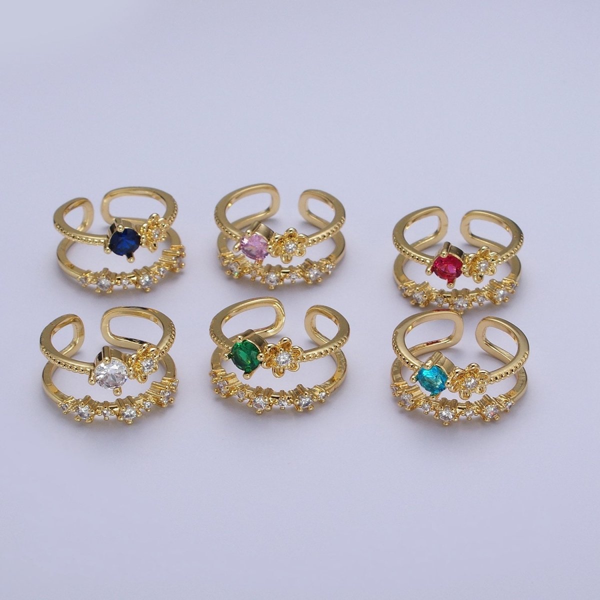 Gold Double Band Clear, Dark Blue, Pink, Green, Red, Light Blue Cubic Zirconia Beaded Ring | O-090~O-097