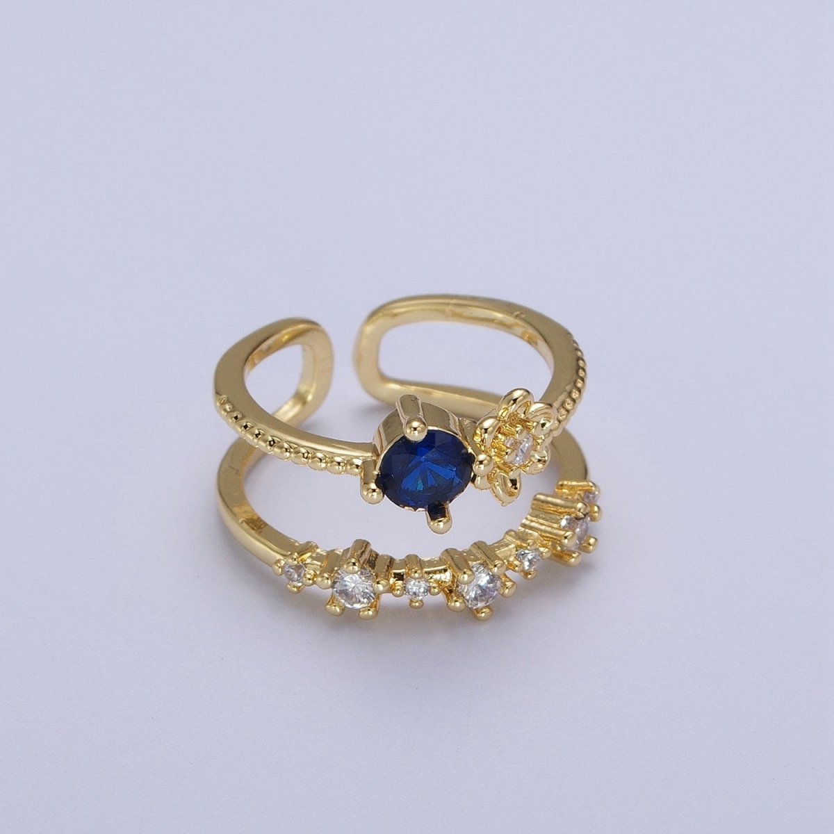 Gold Double Band Clear, Dark Blue, Pink, Green, Red, Light Blue Cubic Zirconia Beaded Ring | O-090~O-097