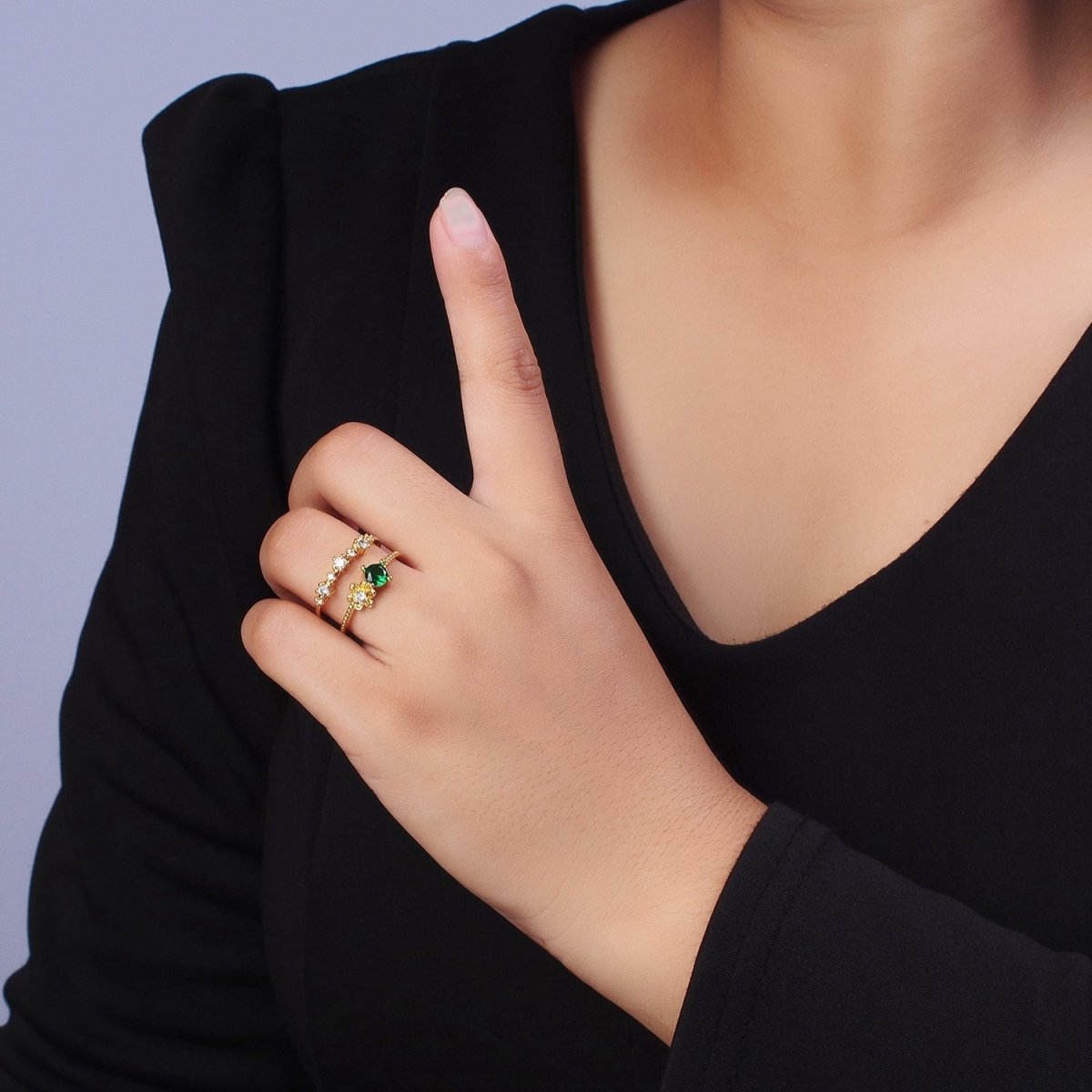 Gold Double Band Clear, Dark Blue, Pink, Green, Red, Light Blue Cubic Zirconia Beaded Ring | O-090~O-097