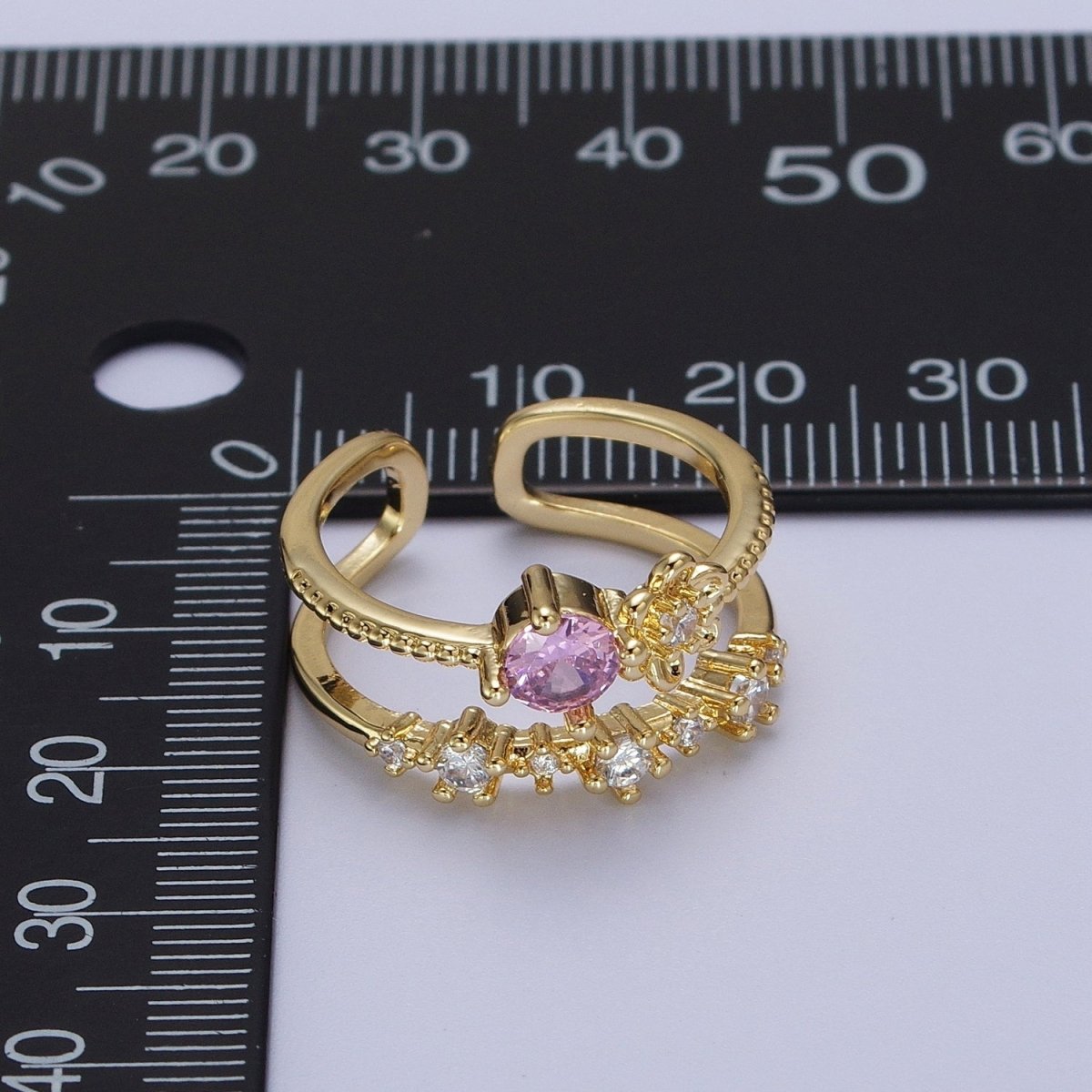 Gold Double Band Clear, Dark Blue, Pink, Green, Red, Light Blue Cubic Zirconia Beaded Ring | O-090~O-097