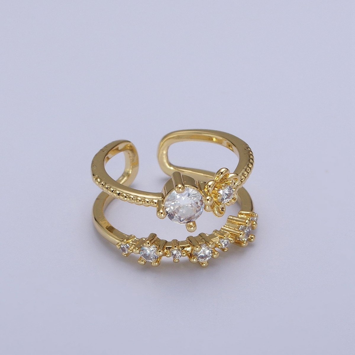 Gold Double Band Clear, Dark Blue, Pink, Green, Red, Light Blue Cubic Zirconia Beaded Ring | O-090~O-097