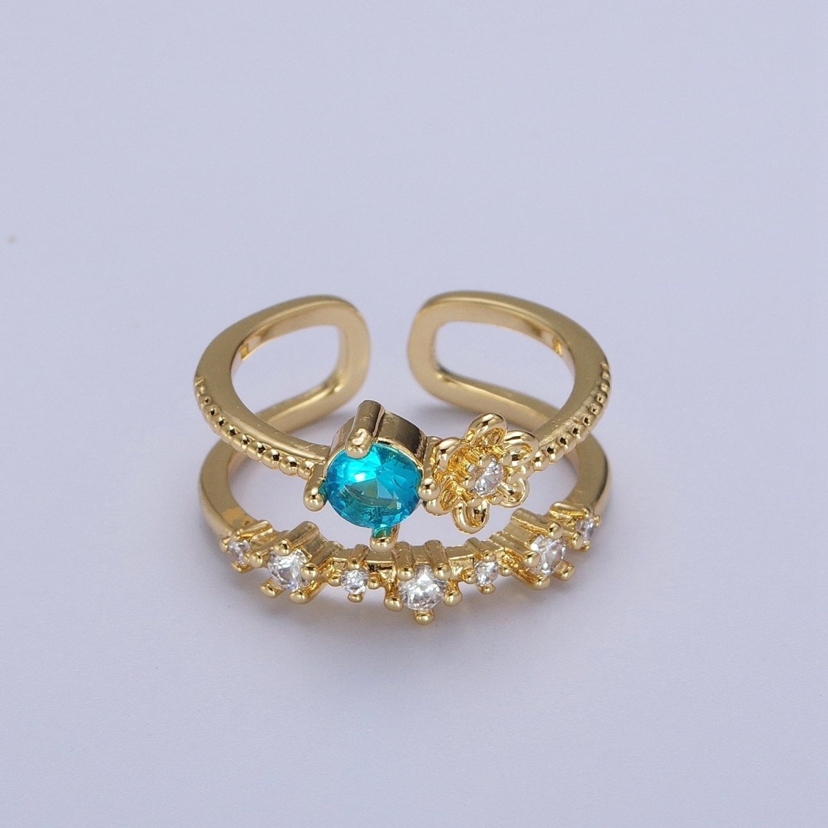 Gold Double Band Clear, Dark Blue, Pink, Green, Red, Light Blue Cubic Zirconia Beaded Ring | O-090~O-097