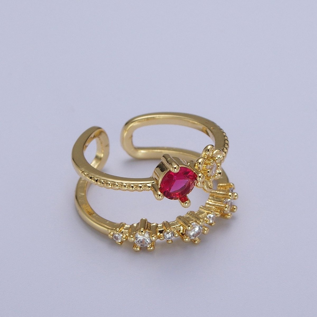 Gold Double Band Clear, Dark Blue, Pink, Green, Red, Light Blue Cubic Zirconia Beaded Ring | O-090~O-097