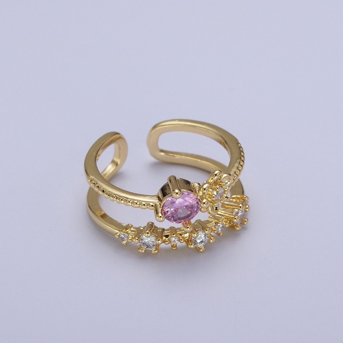 Gold Double Band Clear, Dark Blue, Pink, Green, Red, Light Blue Cubic Zirconia Beaded Ring | O-090~O-097