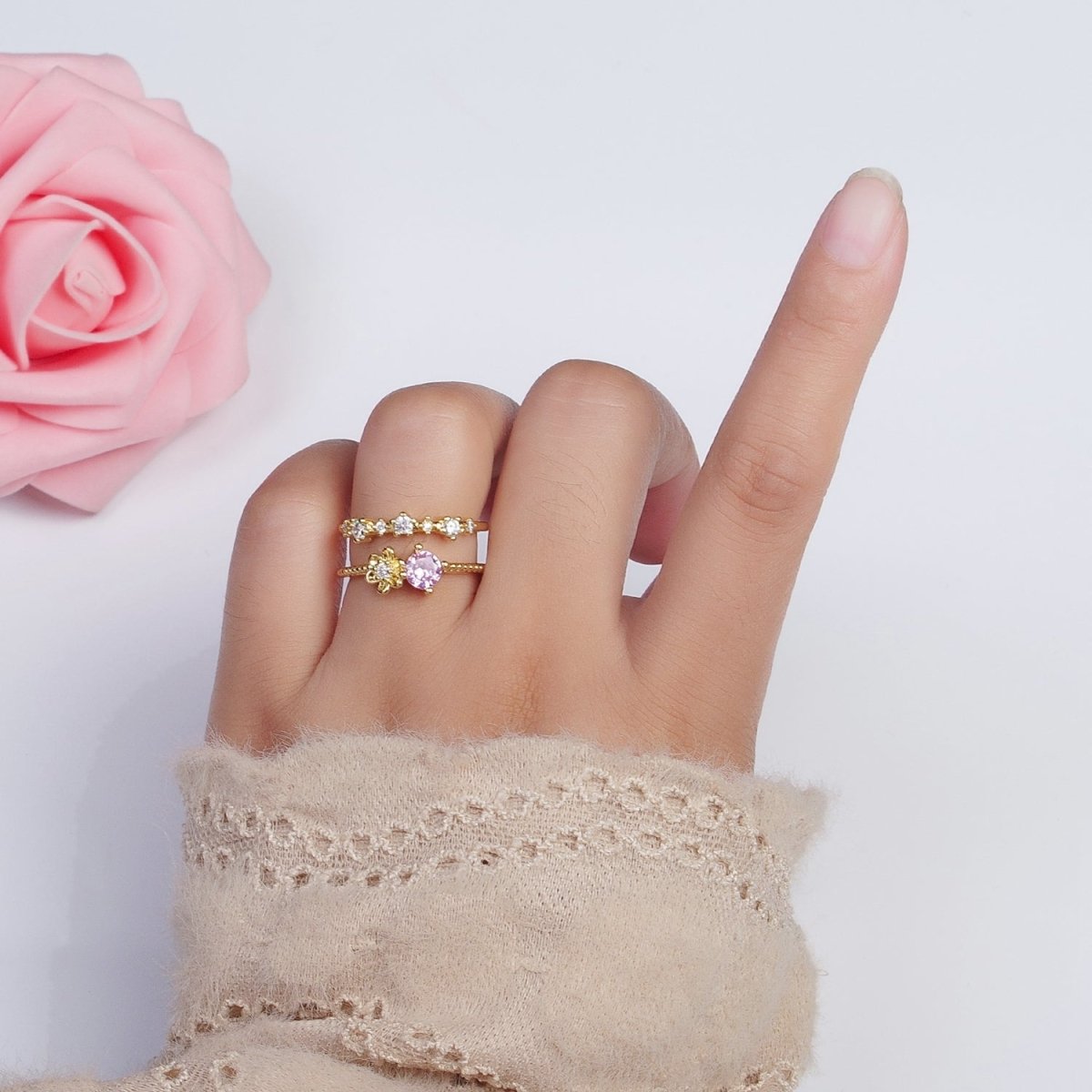 Gold Double Band Clear, Dark Blue, Pink, Green, Red, Light Blue Cubic Zirconia Beaded Ring | O-090~O-097