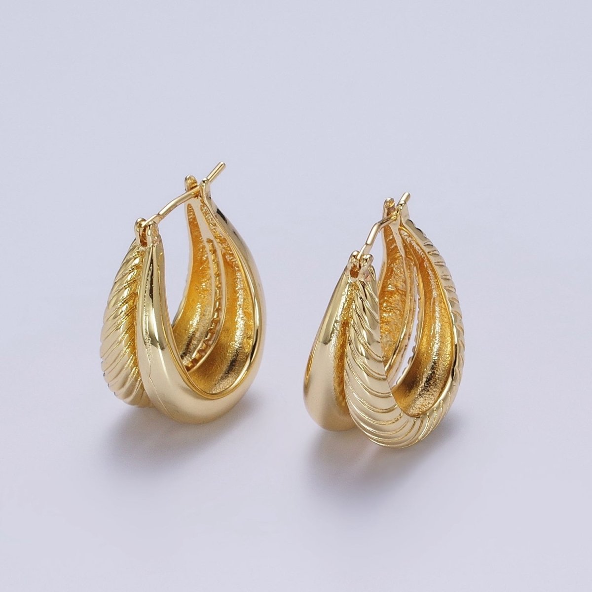 Gold Double Plain & Textured Dome Latch Hoop Earrings | Y-079 - DLUXCA