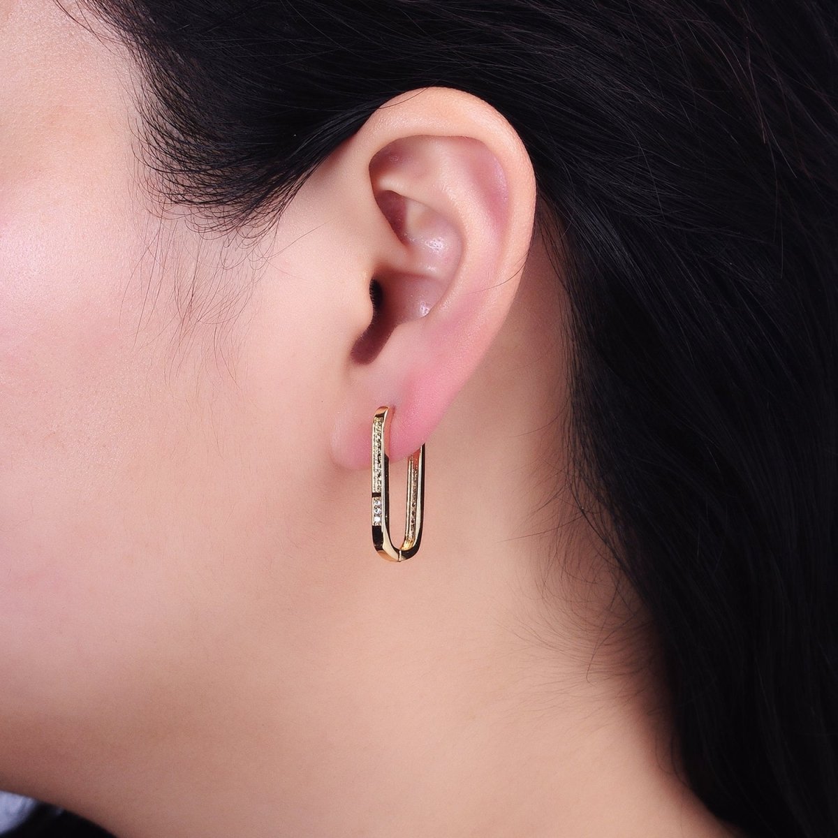 Gold Double Sided Textured Micro Paved Oblong U-Shaped Hoop Earrings in Silver & Gold | AB651 AB886