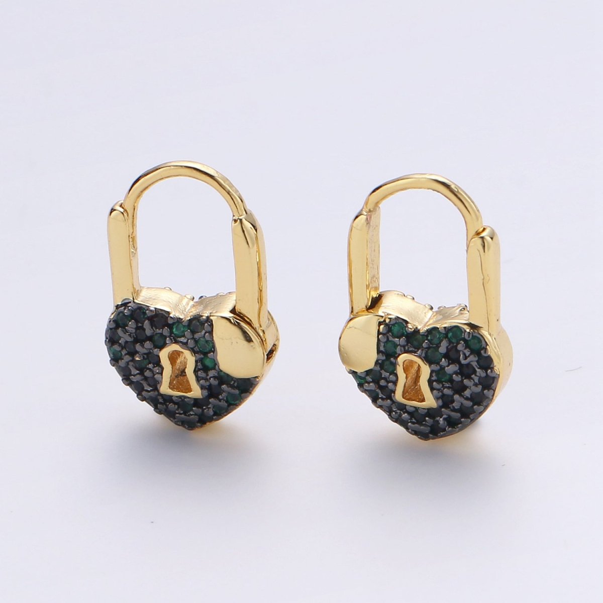 Gold earrings with Cz padlock charm, Heart Lock Charm Gold Mini Hoops Micro Pave Czl Hoops Minimalist and everyday use hoops K-627 - K-632