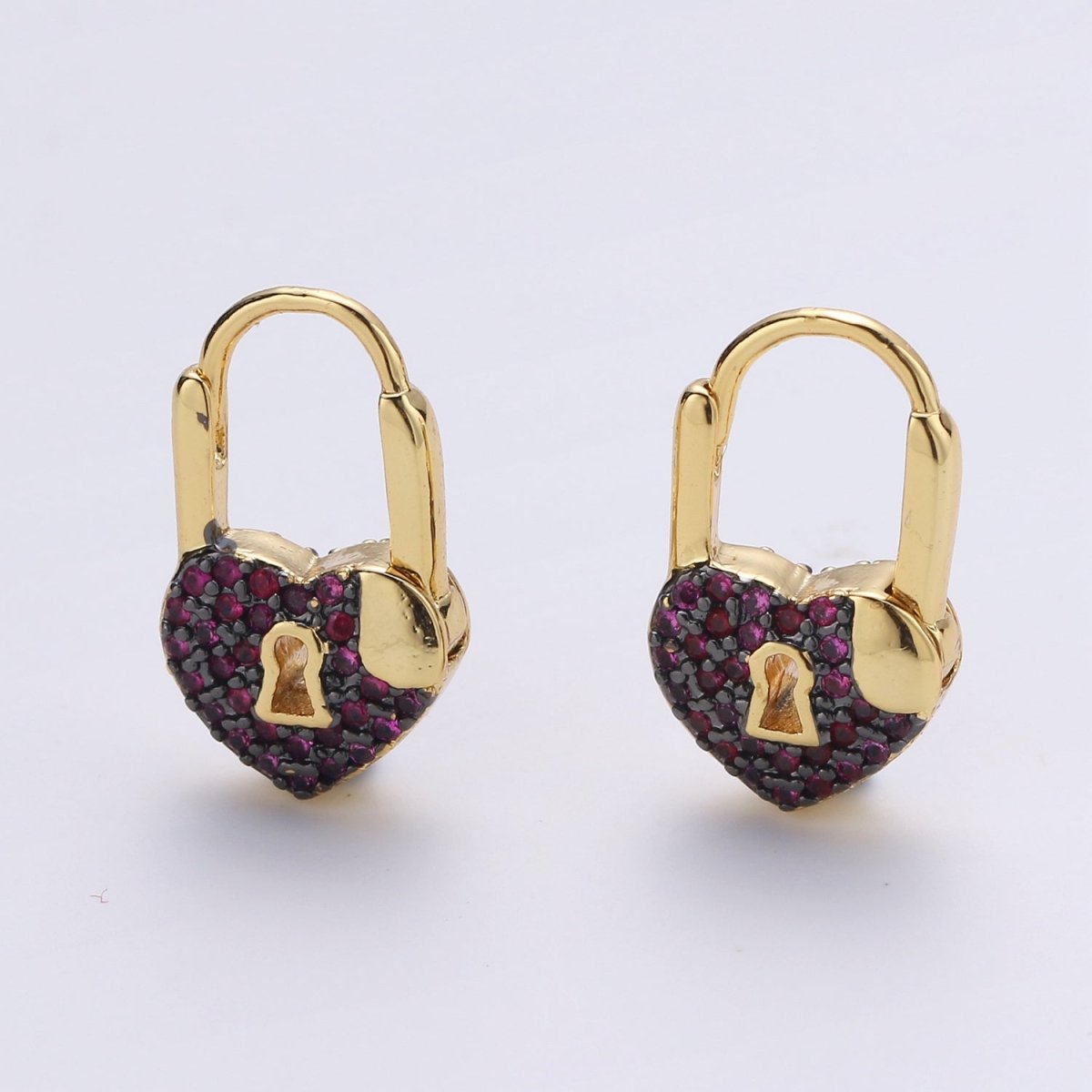 Gold earrings with Cz padlock charm, Heart Lock Charm Gold Mini Hoops Micro Pave Czl Hoops Minimalist and everyday use hoops K-627 - K-632