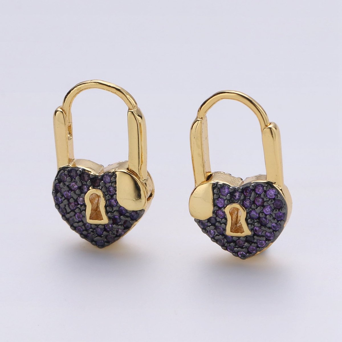 Gold earrings with Cz padlock charm, Heart Lock Charm Gold Mini Hoops Micro Pave Czl Hoops Minimalist and everyday use hoops K-627 - K-632