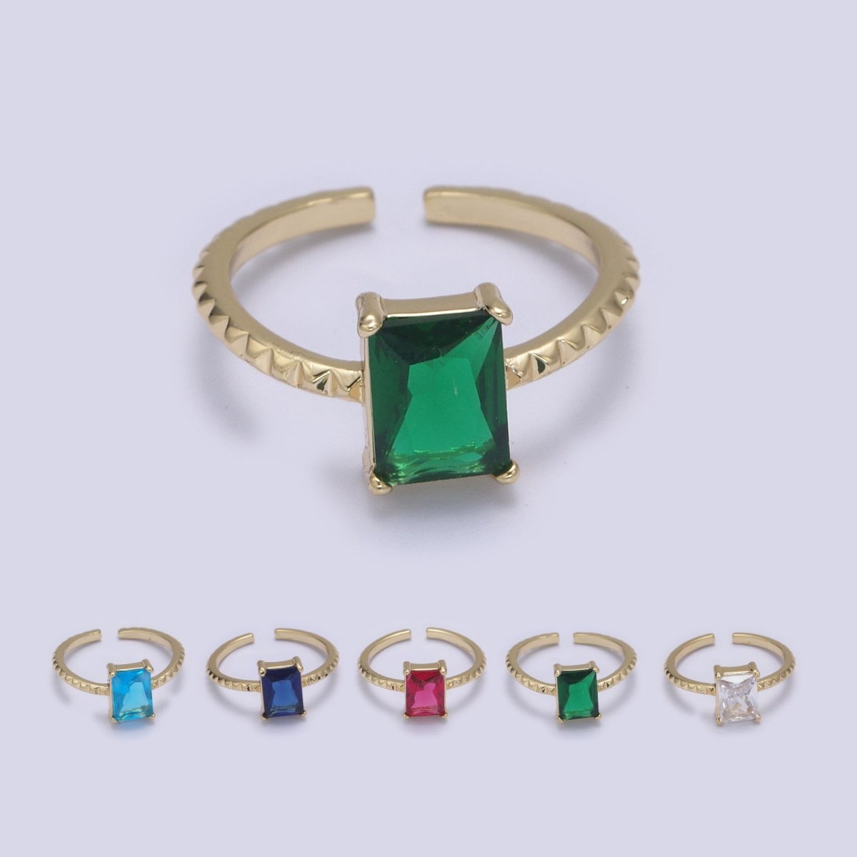 Gold Emerald Cut Blue Pink Green Clear Aqua CZ Dainty Cocktail Ring Open Adjustable U-239~U-243