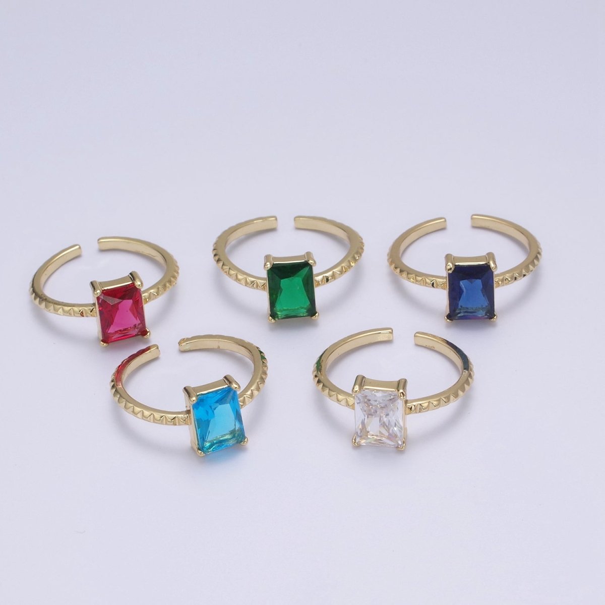 Gold Emerald Cut Blue Pink Green Clear Aqua CZ Dainty Cocktail Ring Open Adjustable U-239~U-243