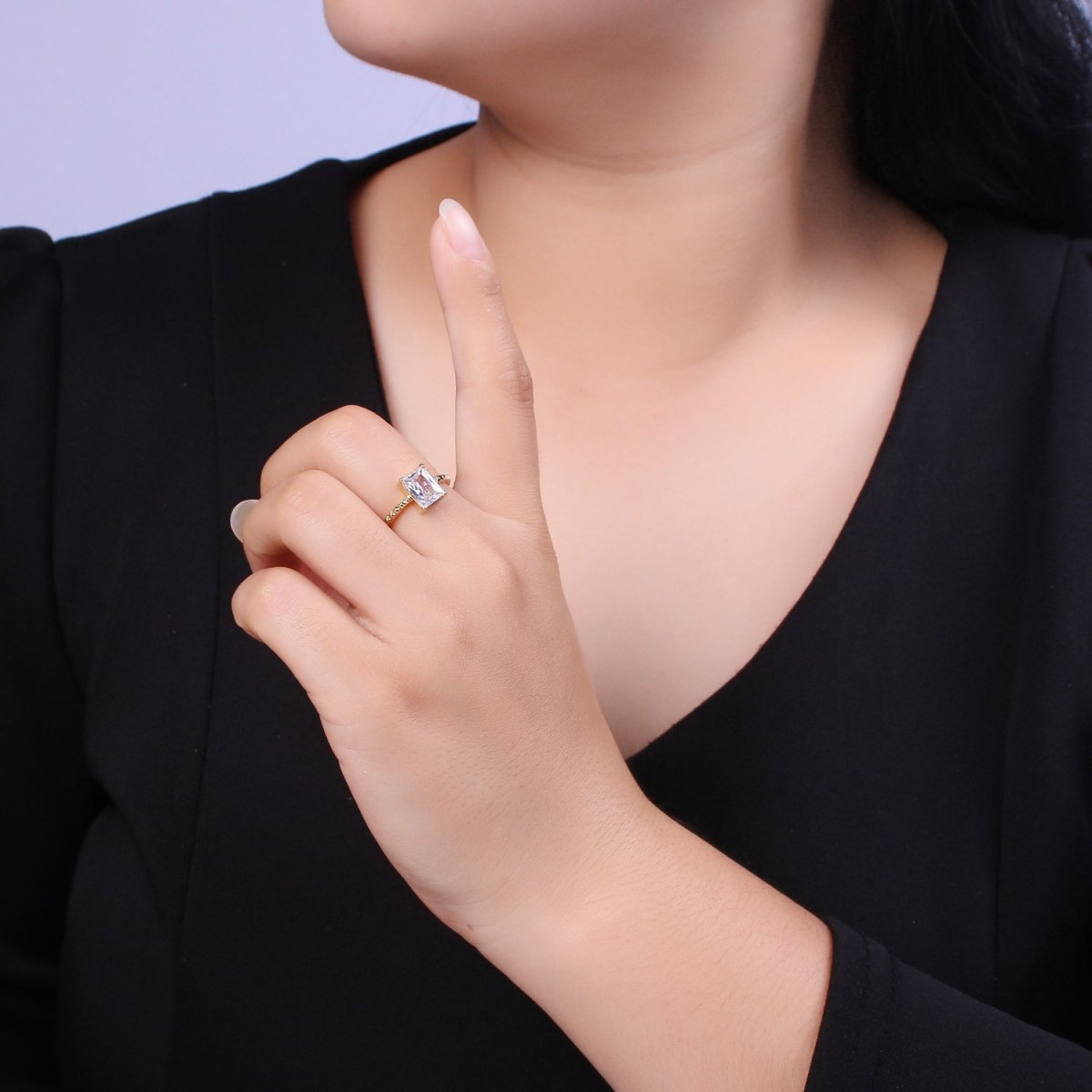 Gold Emerald Cut Blue Pink Green Clear Aqua CZ Dainty Cocktail Ring Open Adjustable U-239~U-243