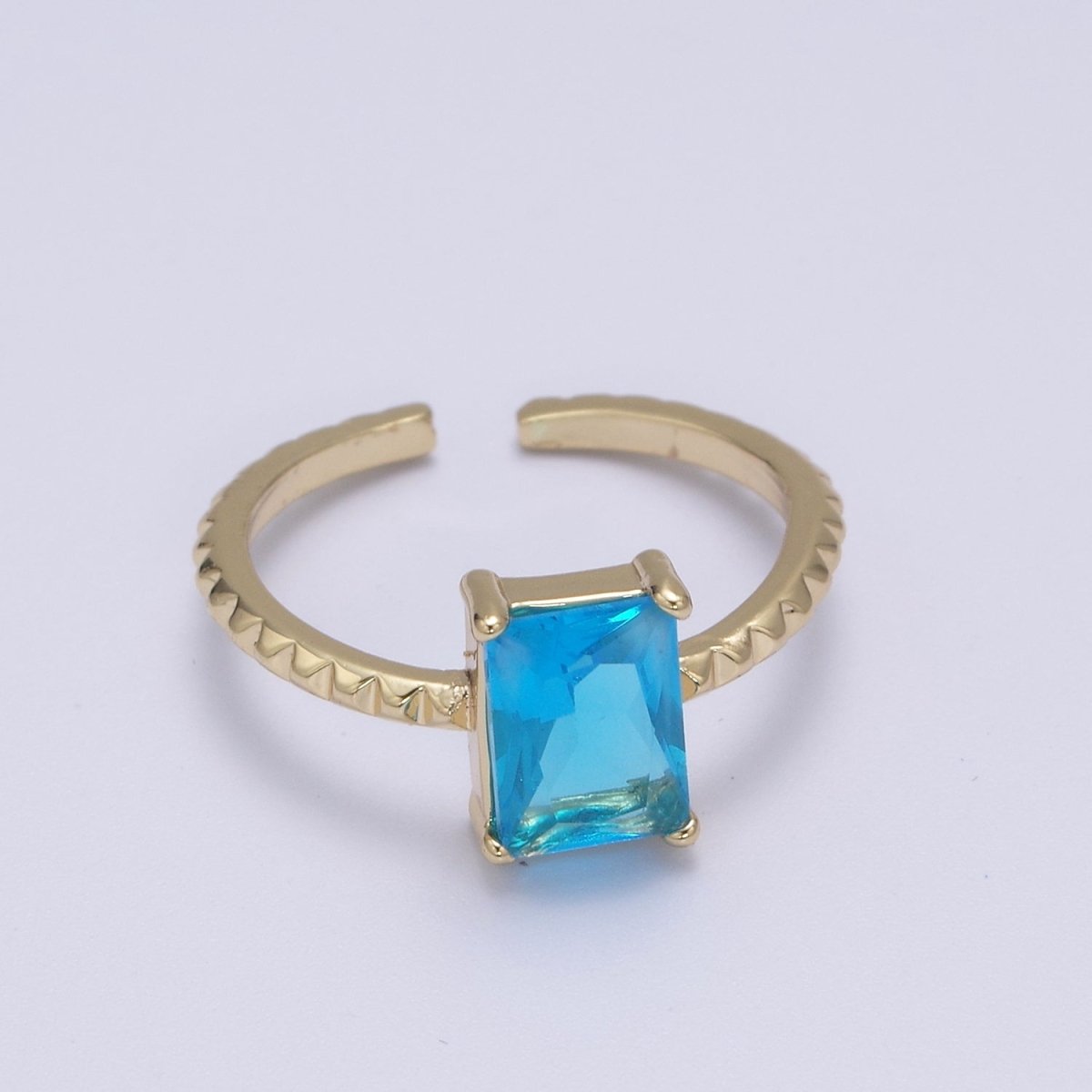 Gold Emerald Cut Blue Pink Green Clear Aqua CZ Dainty Cocktail Ring Open Adjustable U-239~U-243