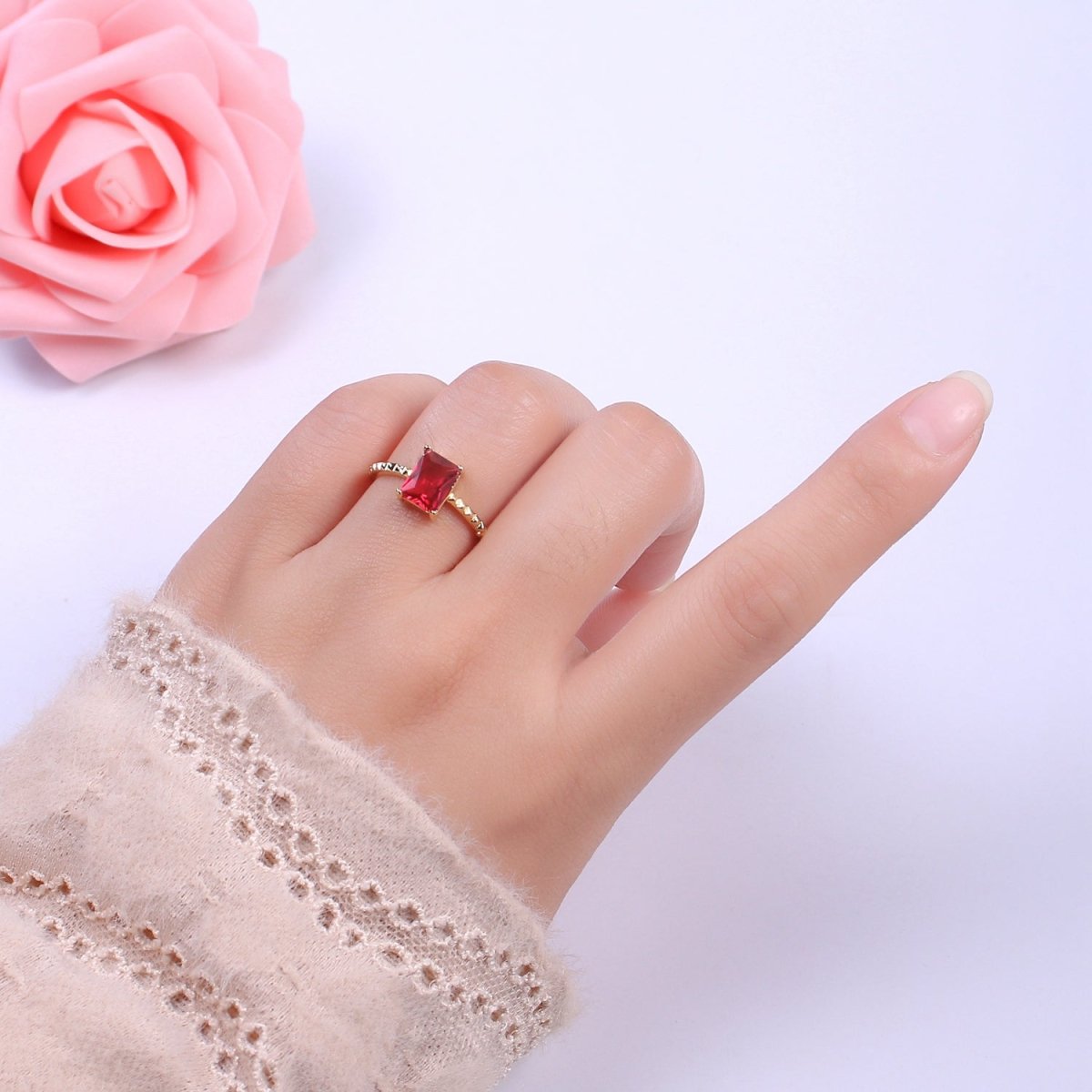 Gold Emerald Cut Blue Pink Green Clear Aqua CZ Dainty Cocktail Ring Open Adjustable U-239~U-243