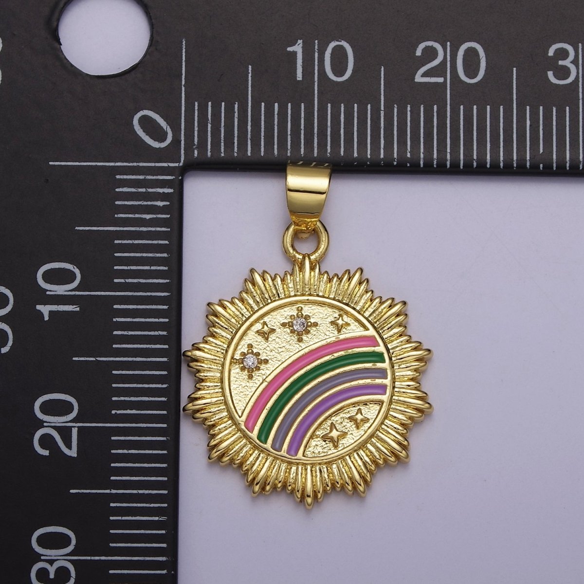 Gold Enamel Rainbow Medallion Pendant with Sunburst Cubic Zirconia Celestial Stars Jewelry For Necklace Earring Making, J-753 - DLUXCA