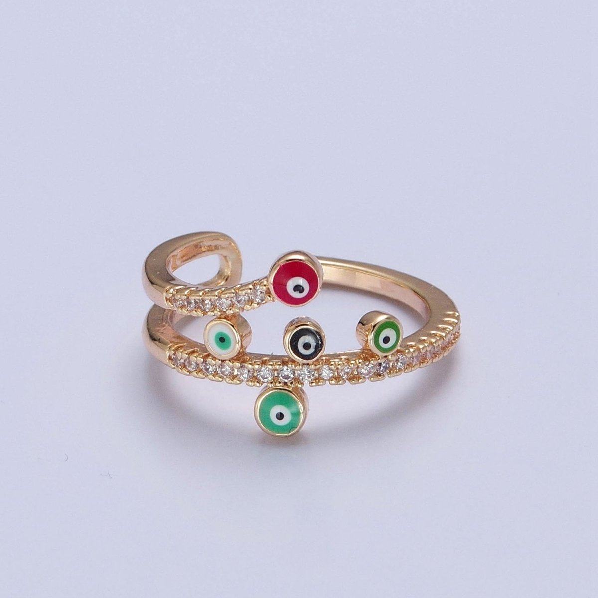 Gold Evil Eye Ring Pave Spiral Ring Open Adjustable Jewelry O-2226 - DLUXCA