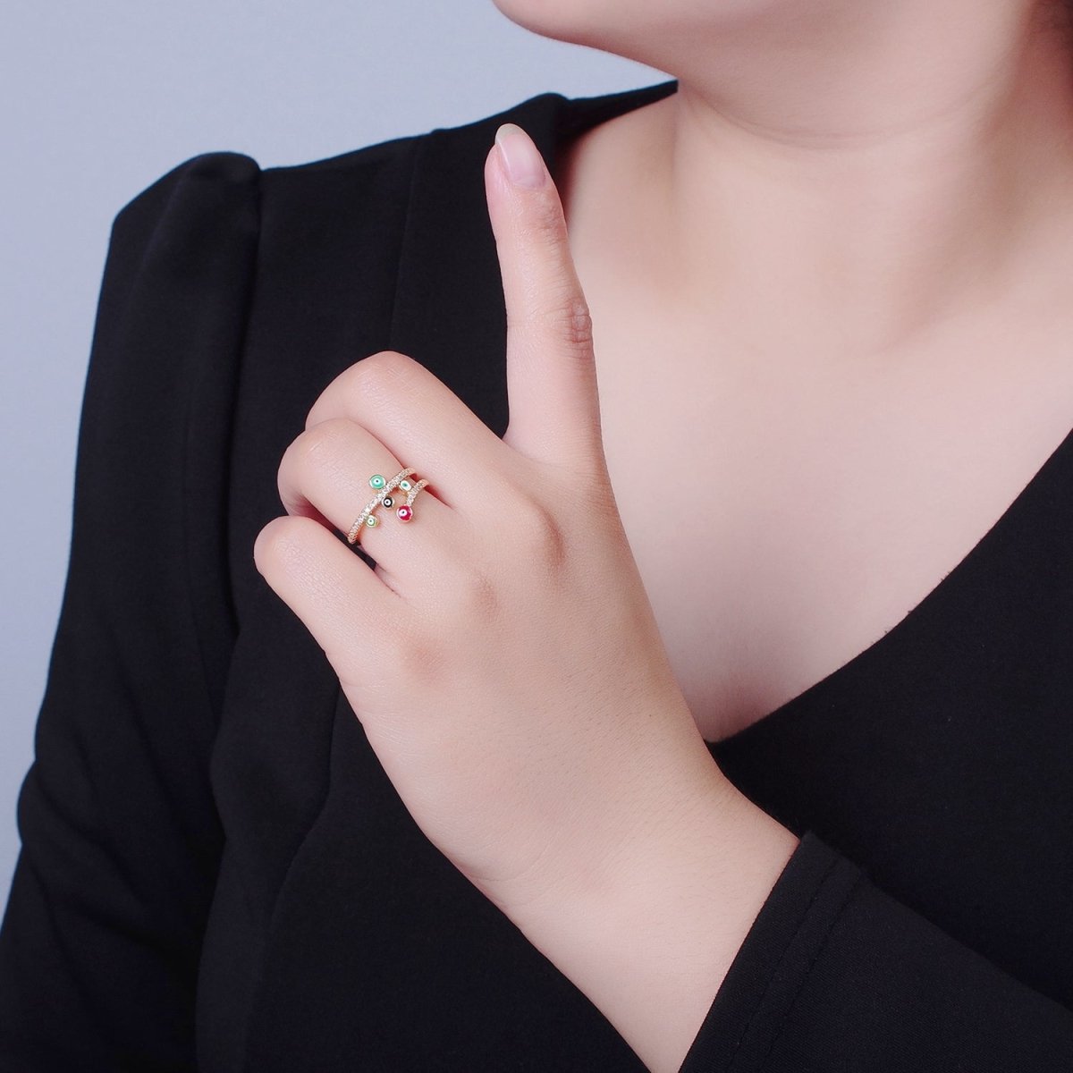 Gold Evil Eye Ring Pave Spiral Ring Open Adjustable Jewelry O-2226 - DLUXCA