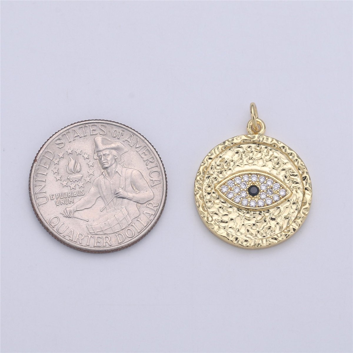 Gold Evil Eye Textured Coin Charm, 27mmX21mm Micro Pave Coin Charm CZ Coin, Eye of Ra Drop Pendant, Rugged Coin Medallion Charm, C-913