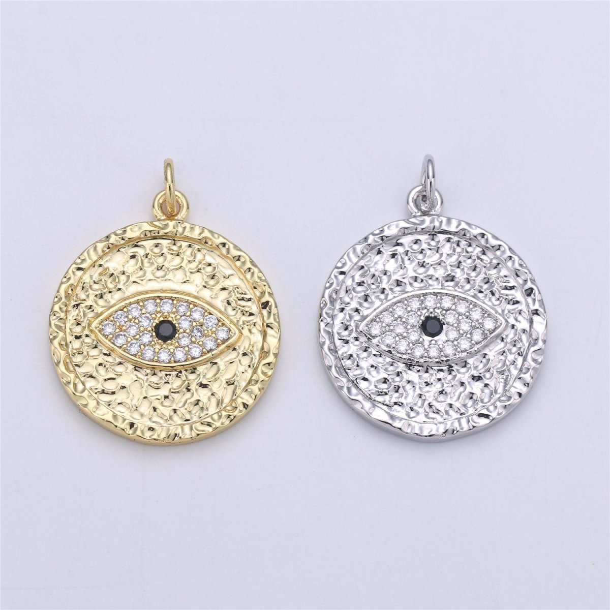 Gold Evil Eye Textured Coin Charm, 27mmX21mm Micro Pave Coin Charm CZ Coin, Eye of Ra Drop Pendant, Rugged Coin Medallion Charm, C-913