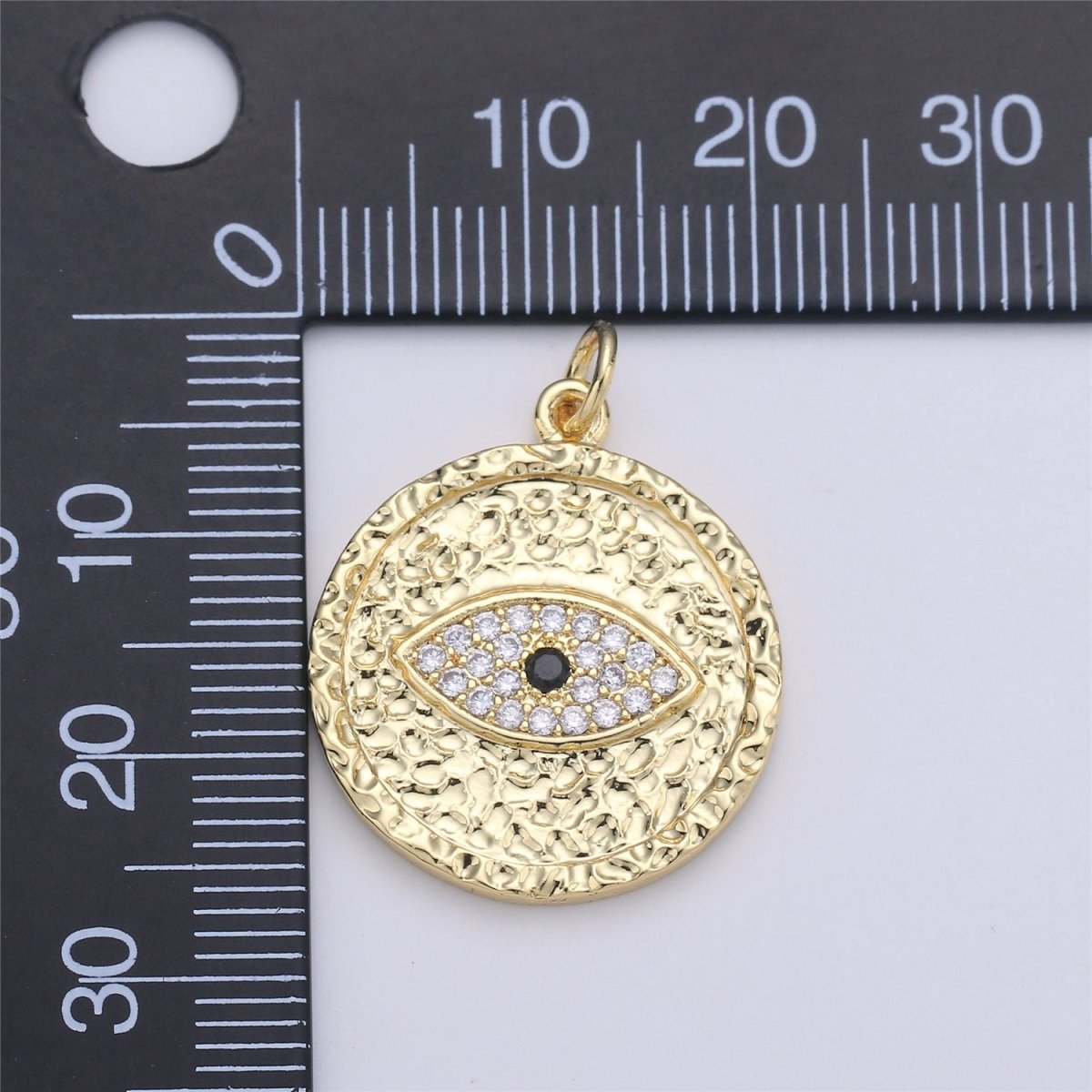 Gold Evil Eye Textured Coin Charm, 27mmX21mm Micro Pave Coin Charm CZ Coin, Eye of Ra Drop Pendant, Rugged Coin Medallion Charm, C-913