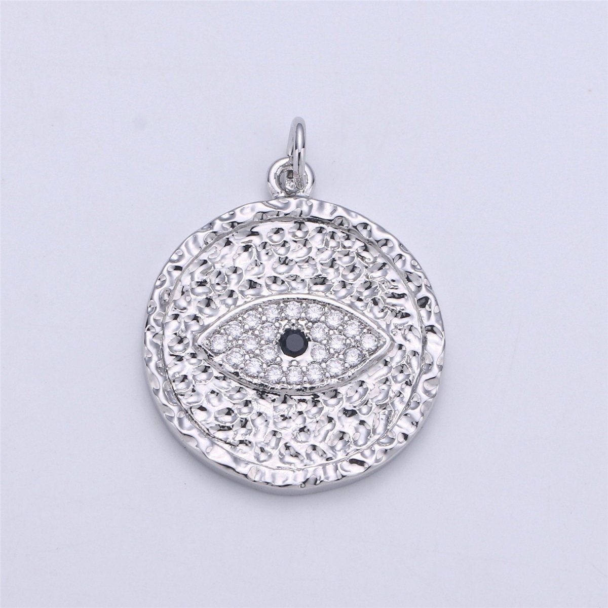 Gold Evil Eye Textured Coin Charm, 27mmX21mm Micro Pave Coin Charm CZ Coin, Eye of Ra Drop Pendant, Rugged Coin Medallion Charm, C-913