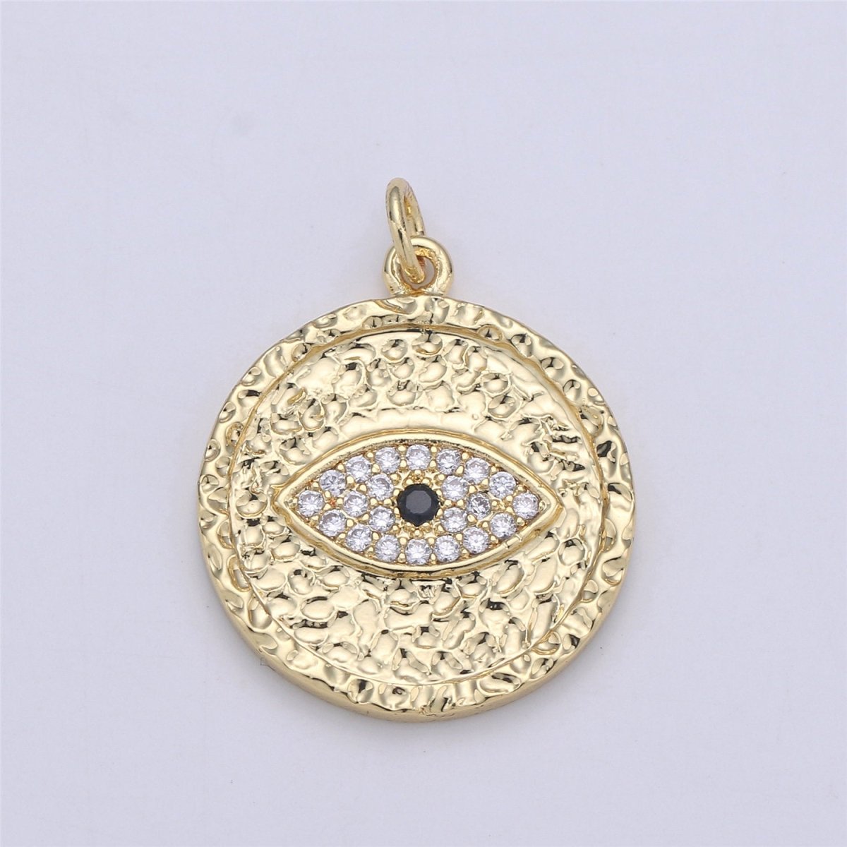 Gold Evil Eye Textured Coin Charm, 27mmX21mm Micro Pave Coin Charm CZ Coin, Eye of Ra Drop Pendant, Rugged Coin Medallion Charm, C-913