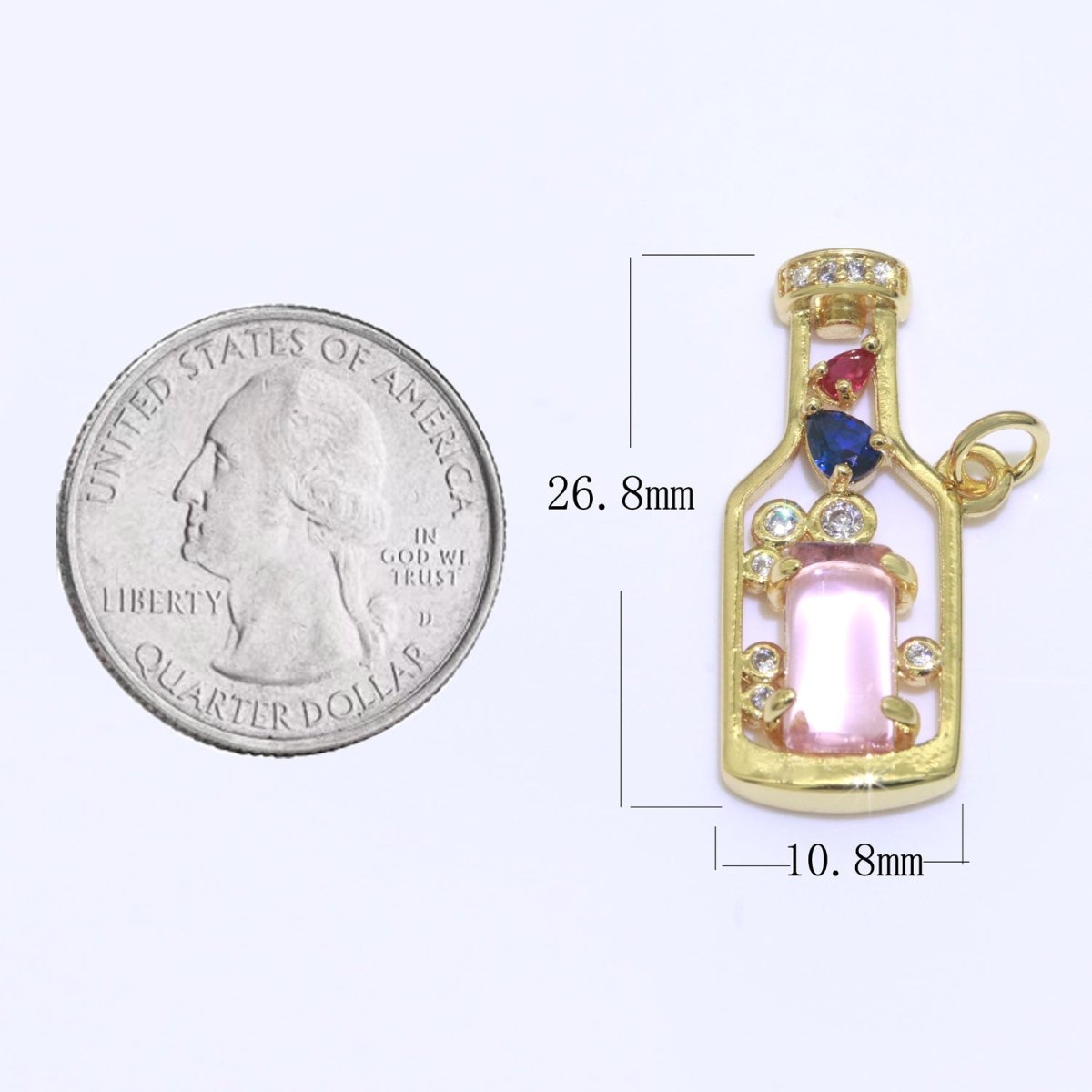 Gold Fill Love Spell Charm- Pink Green Glass Powers Of Love - Love Potion - Wine Bottle Spell Charm for Dainty Minimalist jewelry Component M-548 M-549
